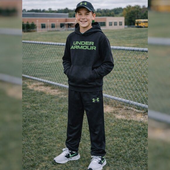 Under Armour Youth Boys M Storm Black Track Pants Joggers Green Logo Athletic - Picture 1 of 9